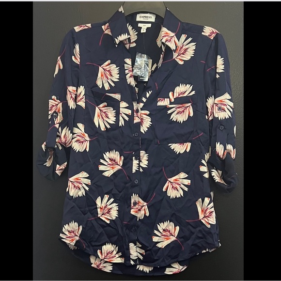 Express Tops - EXPRESS Portofino Navy Floral Satin Button-Up Shirt